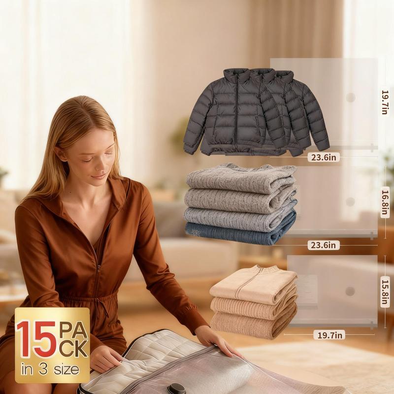 Cordless Travel Vacuum Storage Bags (15-Pack) with Rechargeable Pump